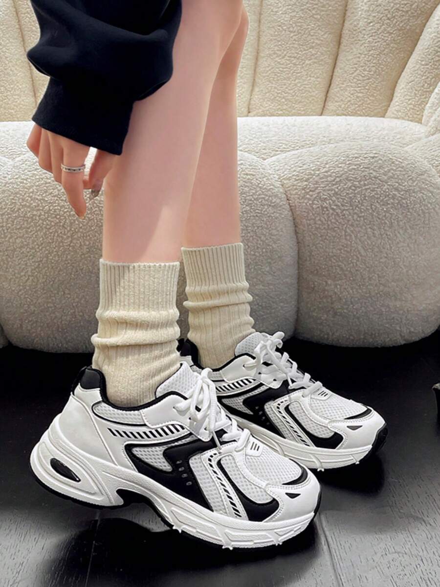 Sodalemon New Women's Casual Sports Shoes Preppy Style Chunky Sneakers Shoes White Sneakers Couple Style Round Toe Lace-Up Mesh Dual-Tone Breathable Versatile Deep Cut Fashion Print Graffiti College Style Student Shoes Outdoor Hiking Casual Shoes Commuter