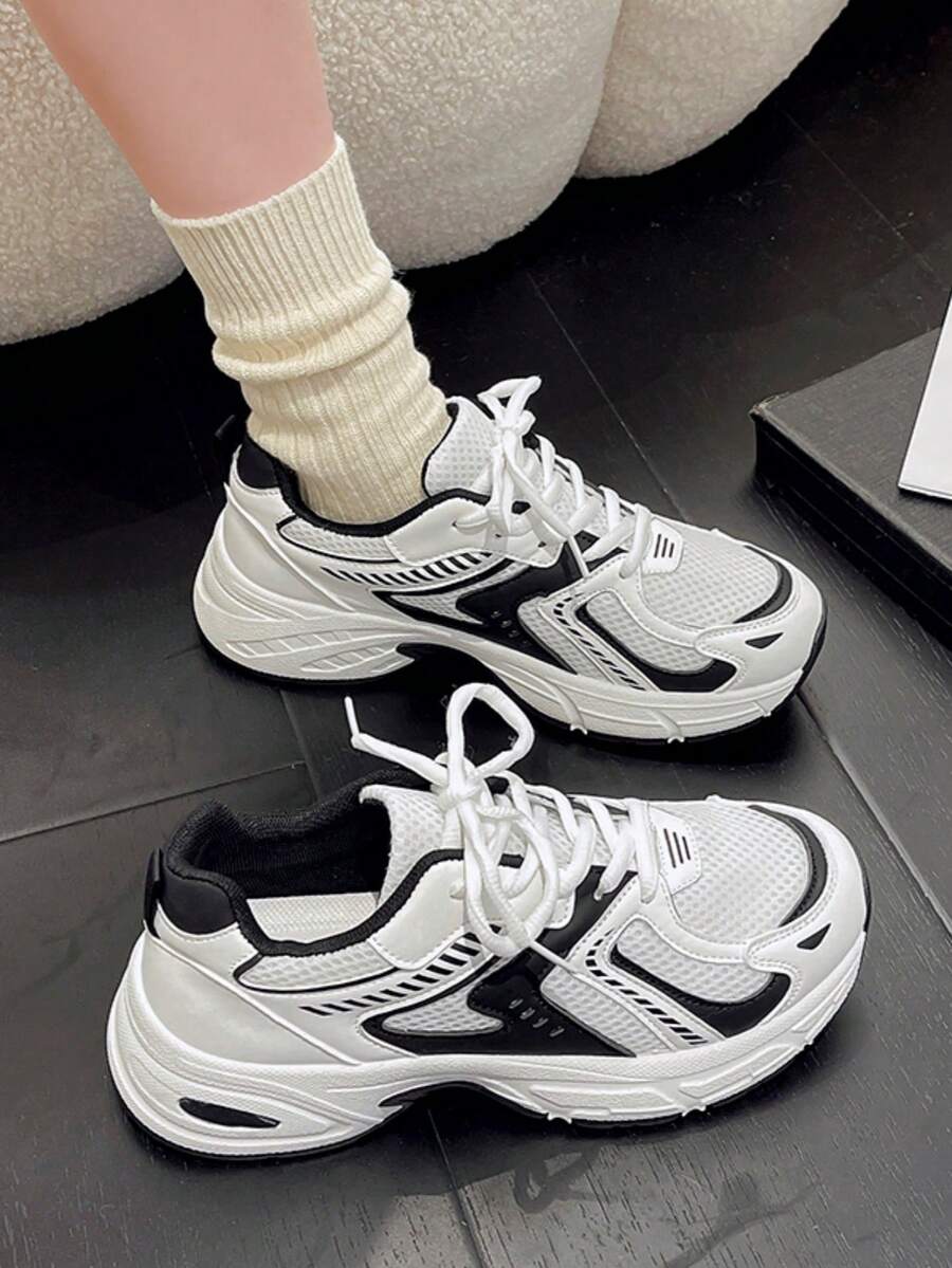 Sodalemon New Women's Casual Sports Shoes Preppy Style Chunky Sneakers Shoes White Sneakers Couple Style Round Toe Lace-Up Mesh Dual-Tone Breathable Versatile Deep Cut Fashion Print Graffiti College Style Student Shoes Outdoor Hiking Casual Shoes Commuter