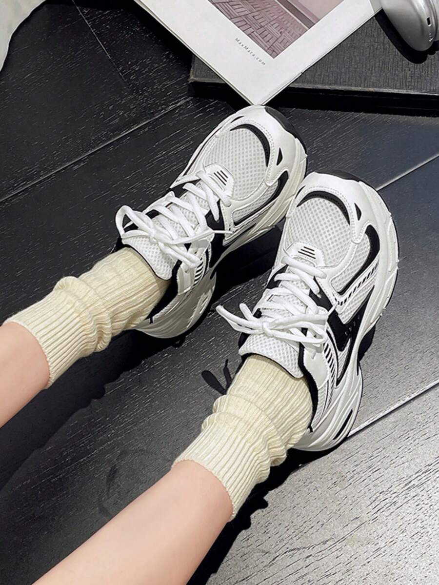 Sodalemon New Women's Casual Sports Shoes Preppy Style Chunky Sneakers Shoes White Sneakers Couple Style Round Toe Lace-Up Mesh Dual-Tone Breathable Versatile Deep Cut Fashion Print Graffiti College Style Student Shoes Outdoor Hiking Casual Shoes Commuter