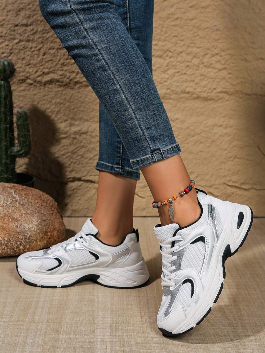 Sodalemon New Women's Casual Sports Shoes Preppy Style Chunky Sneakers Shoes White Sneakers Couple Style Round Toe Lace-Up Mesh Dual-Tone Breathable Versatile Deep Cut Fashion Print Graffiti College Style Student Shoes Outdoor Hiking Casual Shoes Commuter