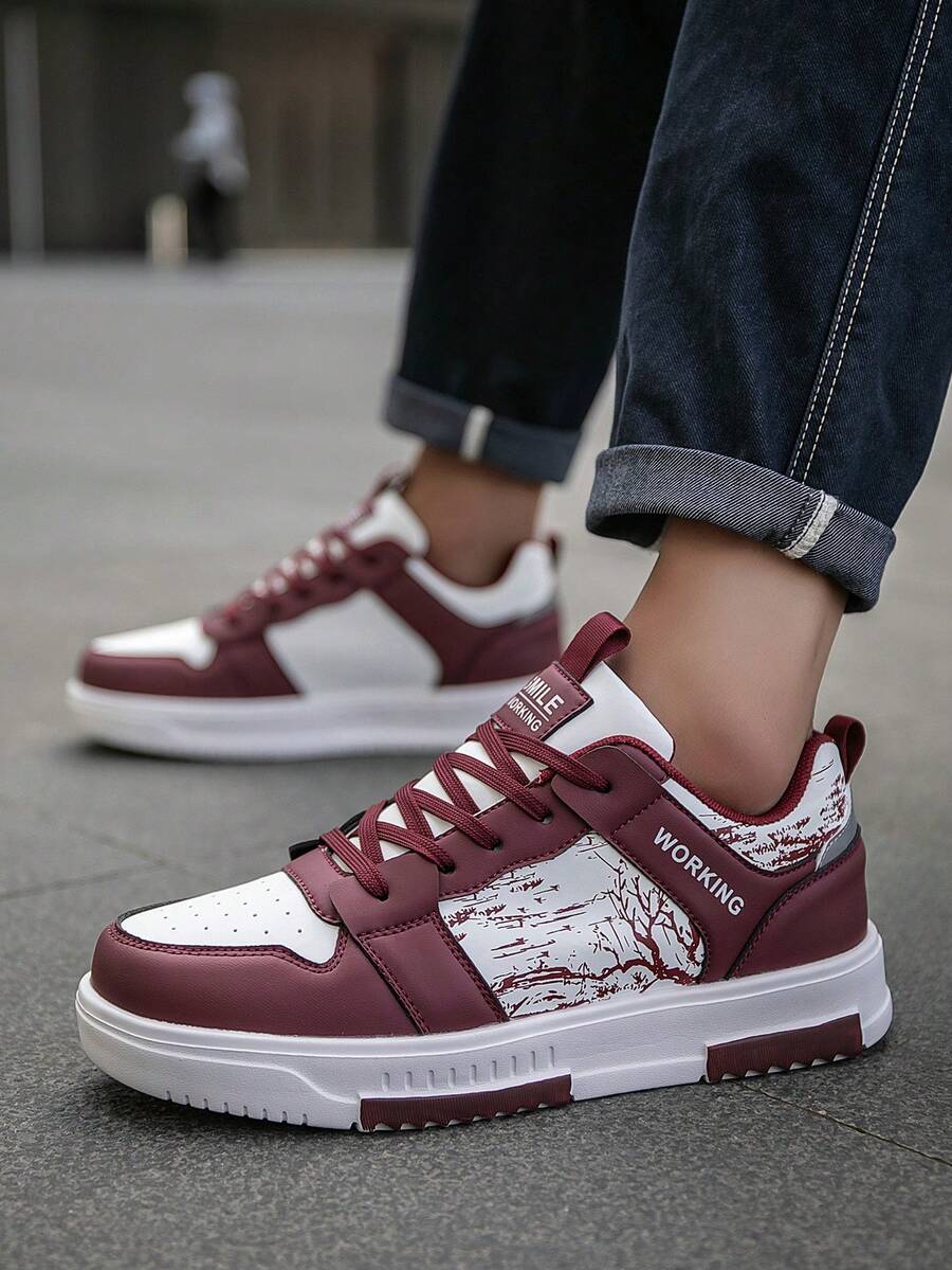 (Runs Small) Men's Fashionable Personalized Contrast Color Design Landscape Tree Branch Print Comfortable Sports Shoes, Versatile Couple Casual Skateboard Shoes