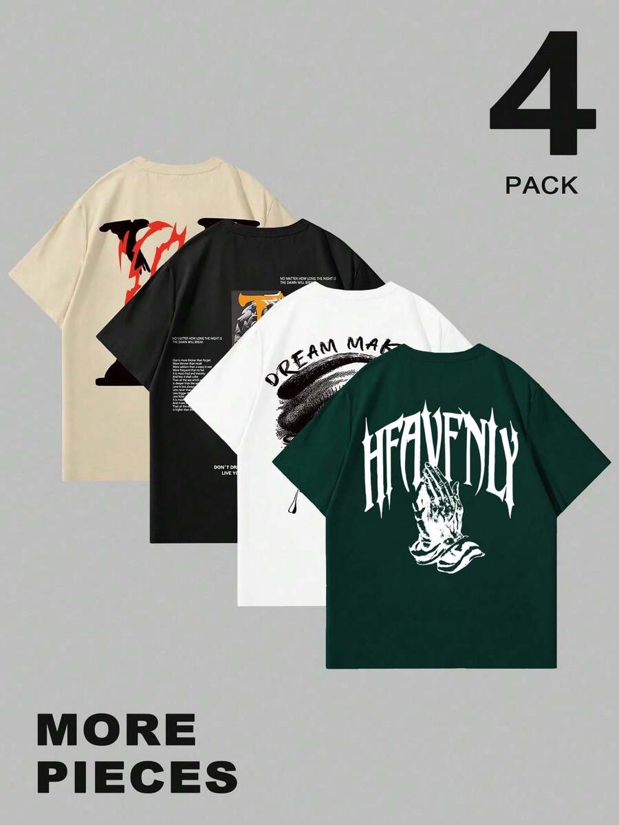 Manfinity LEGND 4pcs/Set Men's Casual Graphic Print T-Shirts,Short Sleeve Crew Neck,Geometric Pattern,Regular Fit,Black,Summer,Casual,Streetwear,City Break Wear
