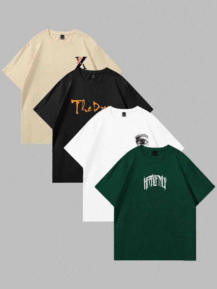 Manfinity LEGND 4pcs/Set Men's Casual Graphic Print T-Shirts,Short Sleeve Crew Neck,Geometric Pattern,Regular Fit,Black,Summer,Casual,Streetwear,City Break Wear