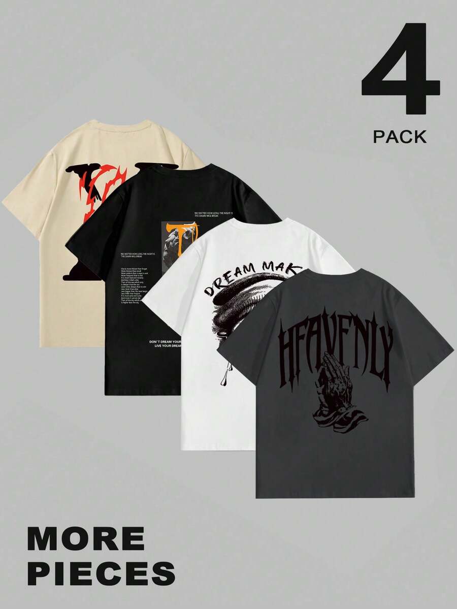 Manfinity LEGND 4pcs/Set Men's Casual Graphic Print T-Shirts,Short Sleeve Crew Neck,Geometric Pattern,Regular Fit,Black,Summer,Casual,Streetwear,City Break Wear