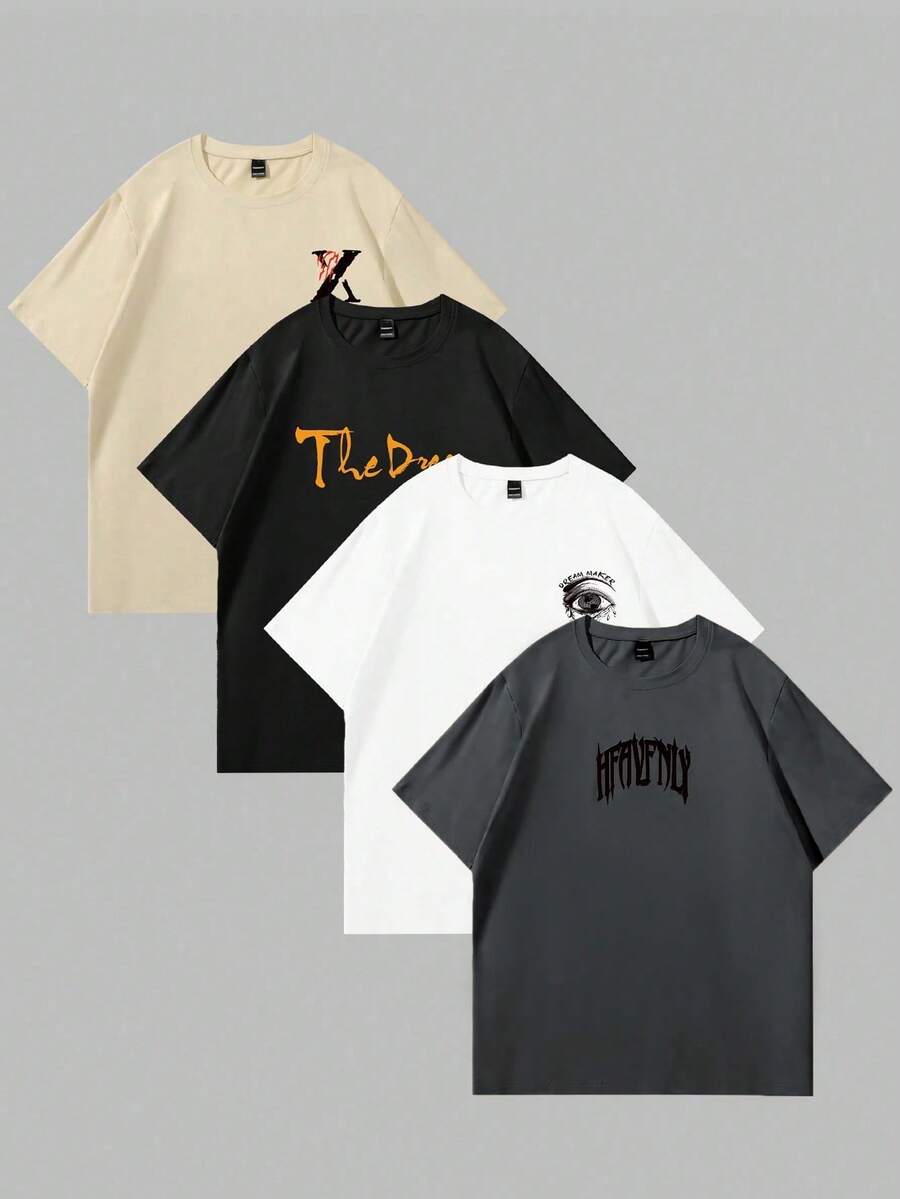 Manfinity LEGND 4pcs/Set Men's Casual Graphic Print T-Shirts,Short Sleeve Crew Neck,Geometric Pattern,Regular Fit,Black,Summer,Casual,Streetwear,City Break Wear