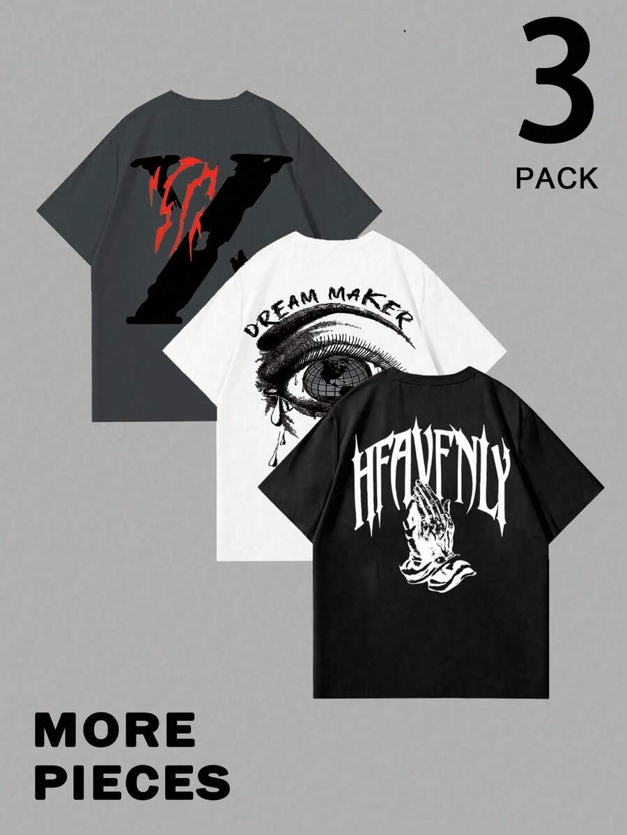 Manfinity LEGND 4pcs/Set Men's Casual Graphic Print T-Shirts,Short Sleeve Crew Neck,Geometric Pattern,Regular Fit,Black,Summer,Casual,Streetwear,City Break Wear