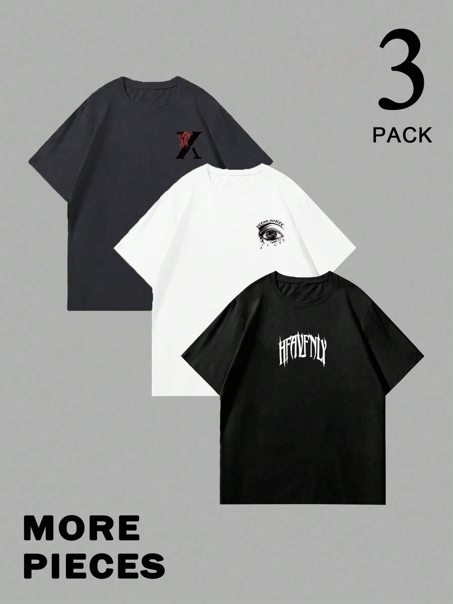Manfinity LEGND 4pcs/Set Men's Casual Graphic Print T-Shirts,Short Sleeve Crew Neck,Geometric Pattern,Regular Fit,Black,Summer,Casual,Streetwear,City Break Wear