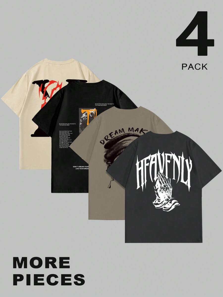 Manfinity LEGND 4pcs/Set Men's Casual Graphic Print T-Shirts,Short Sleeve Crew Neck,Geometric Pattern,Regular Fit,Black,Summer,Casual,Streetwear,City Break Wear