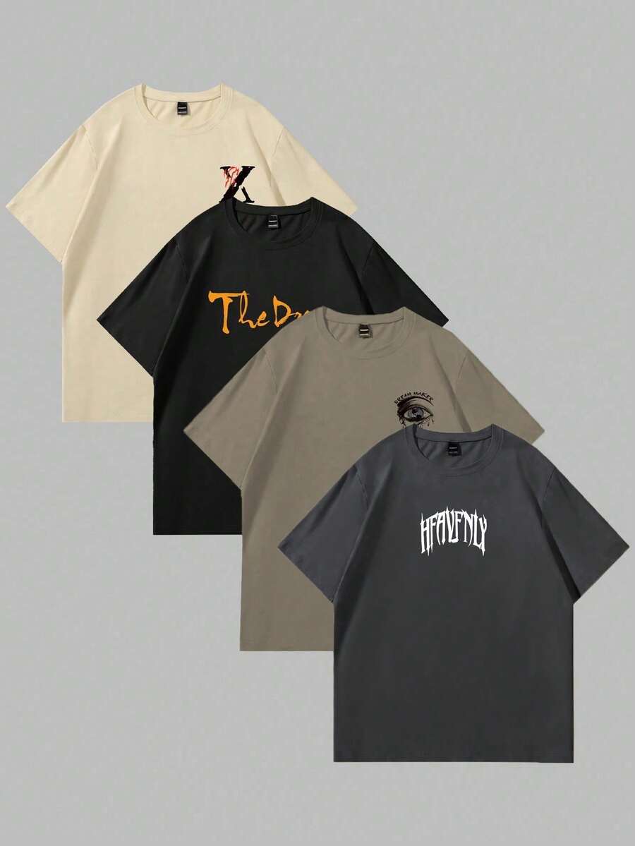 Manfinity LEGND 4pcs/Set Men's Casual Graphic Print T-Shirts,Short Sleeve Crew Neck,Geometric Pattern,Regular Fit,Black,Summer,Casual,Streetwear,City Break Wear