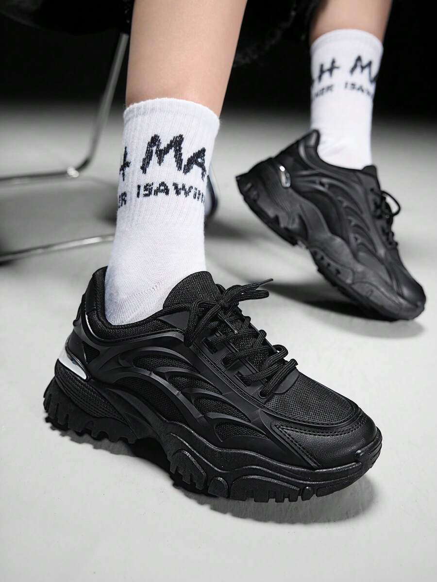 SHEIN X Lucía Bellido Vate Women's Fashionable Sporty Mesh Surface White Lace Up Chunky Sneakers For Summer Sports Casual Back To School Spring Shoes