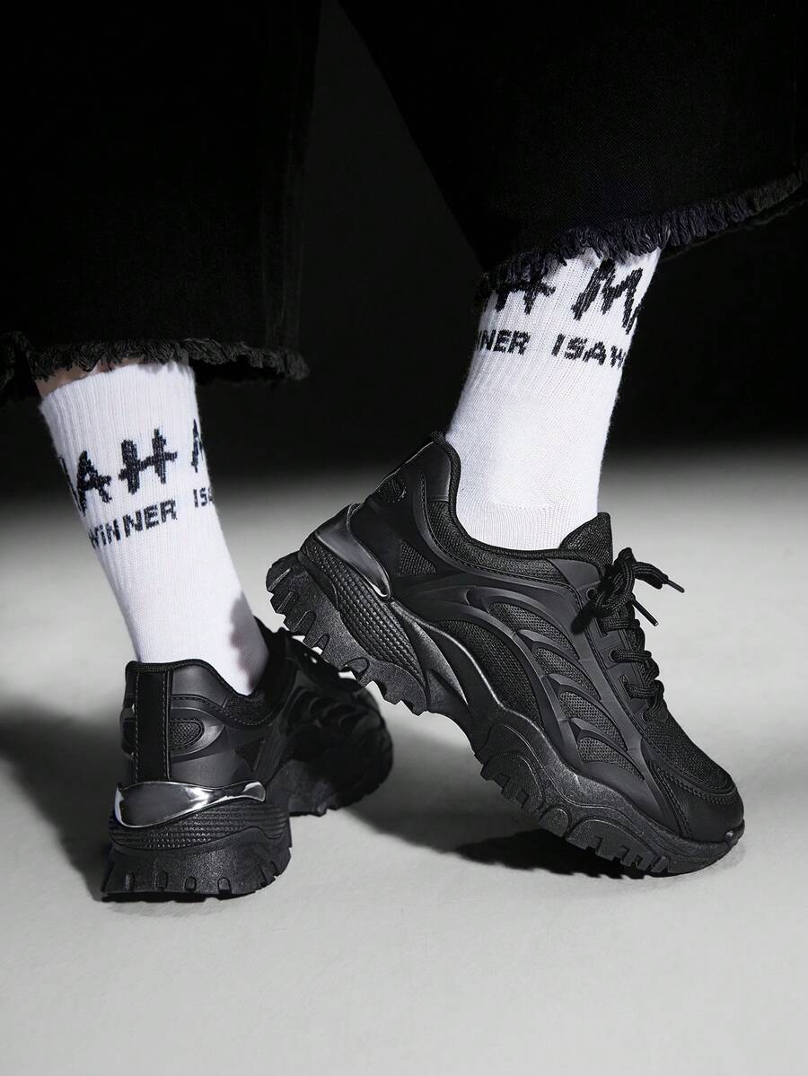SHEIN X Lucía Bellido Vate Women's Fashionable Sporty Mesh Surface White Lace Up Chunky Sneakers For Summer Sports Casual Back To School Spring Shoes