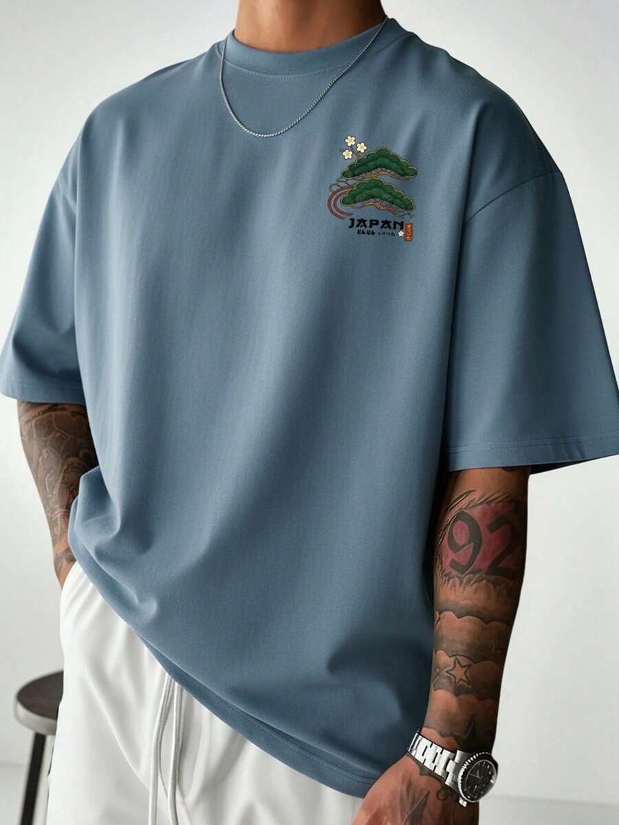 Zrgoth Men's Casual Versatile Minimalist Japanese Crane Print Short Sleeve T-Shirt, Streetwear