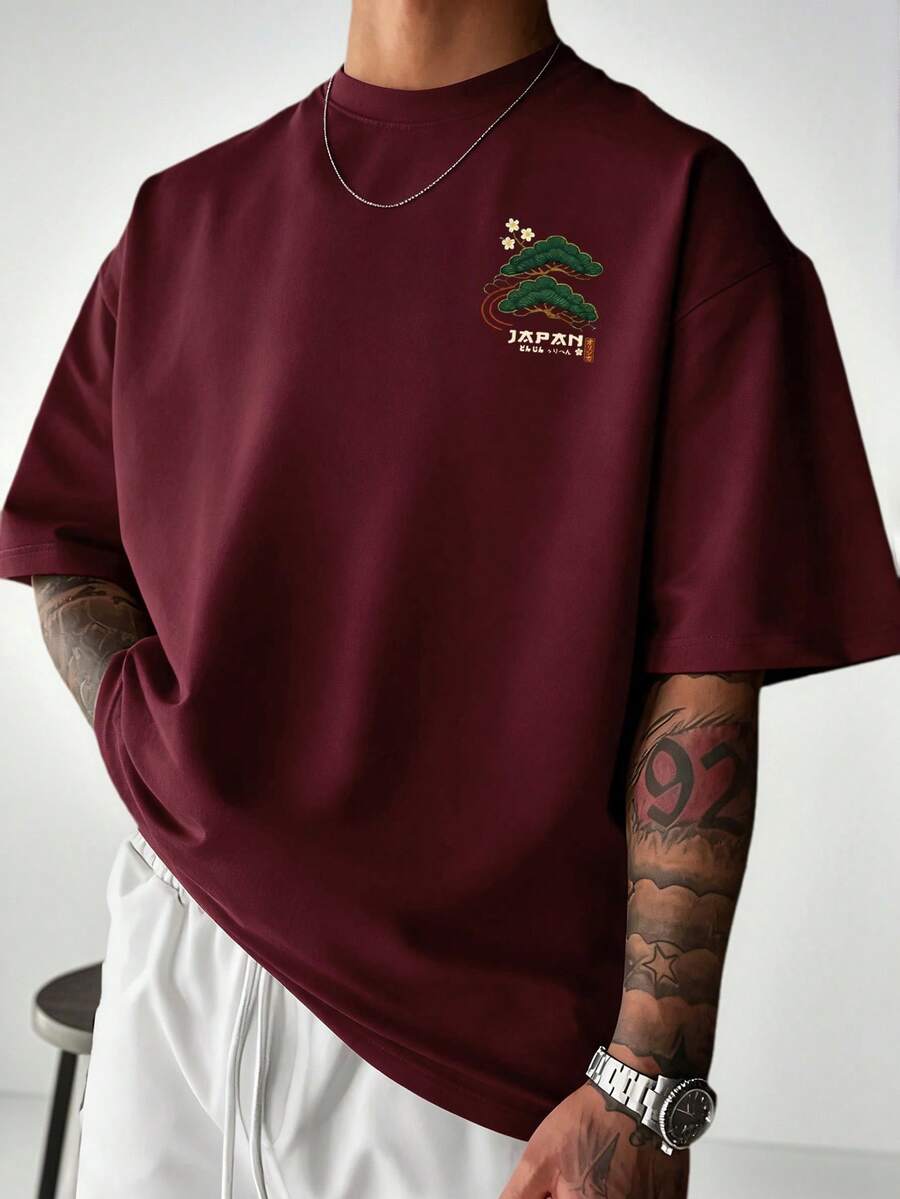Zrgoth Men's Casual Versatile Minimalist Japanese Crane Print Short Sleeve T-Shirt, Streetwear