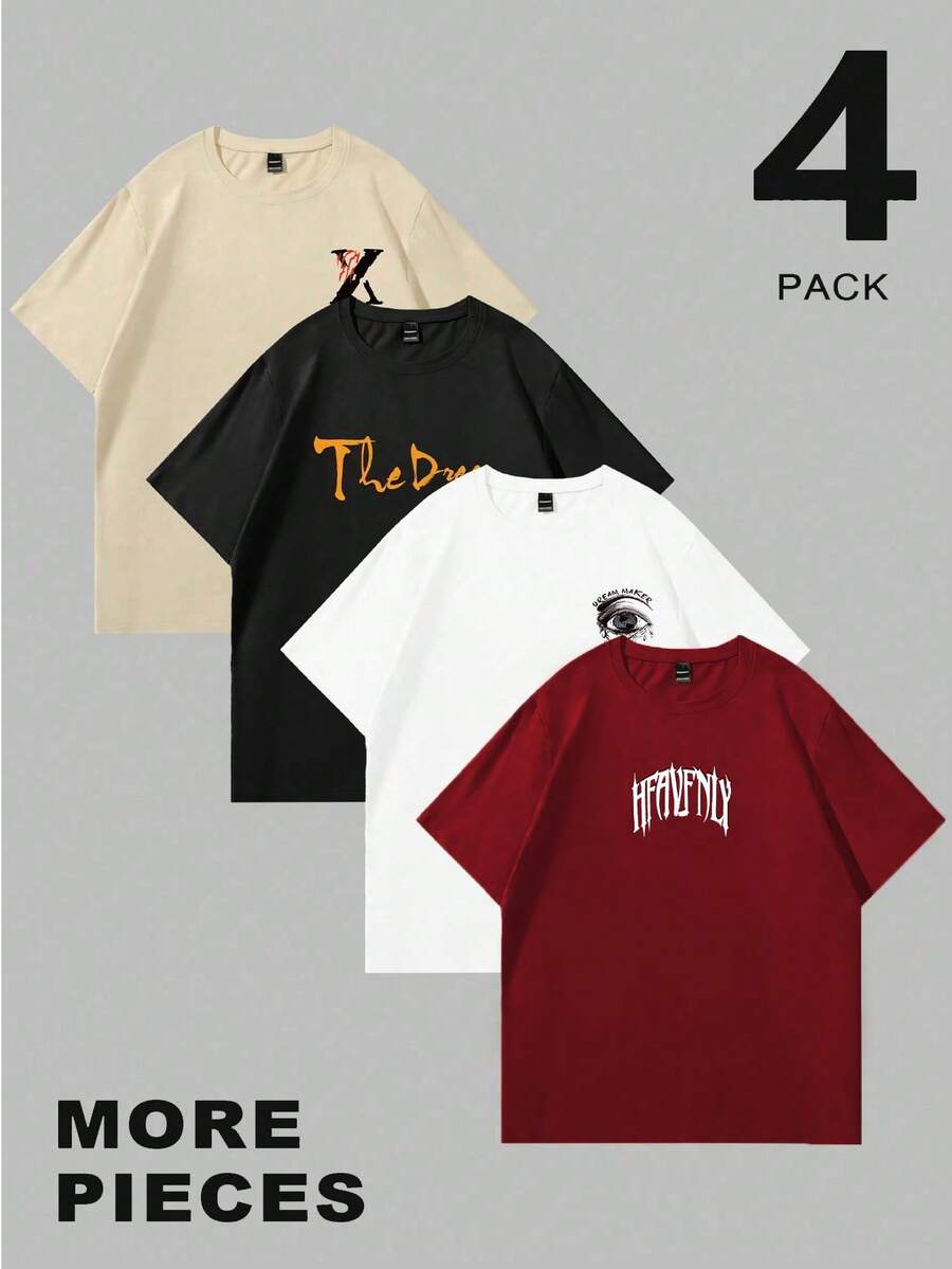 Manfinity LEGND 4pcs/Set Men's Casual Graphic Print T-Shirts,Short Sleeve Crew Neck,Geometric Pattern,Regular Fit,Black,Summer,Casual,Streetwear,City Break Wear