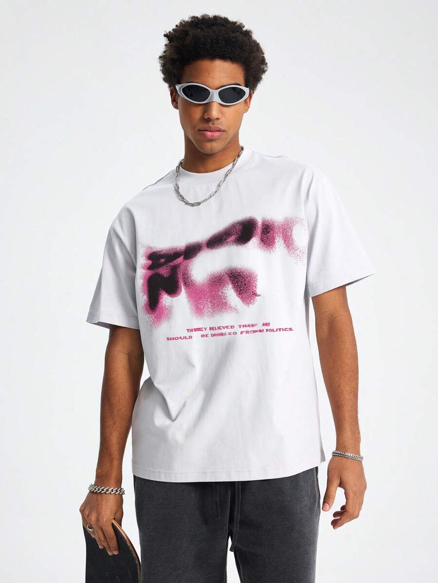 Tiny Spark Men's Letter Print Casual Short Sleeve T-Shirt For Daily Wear, Summer, Emo