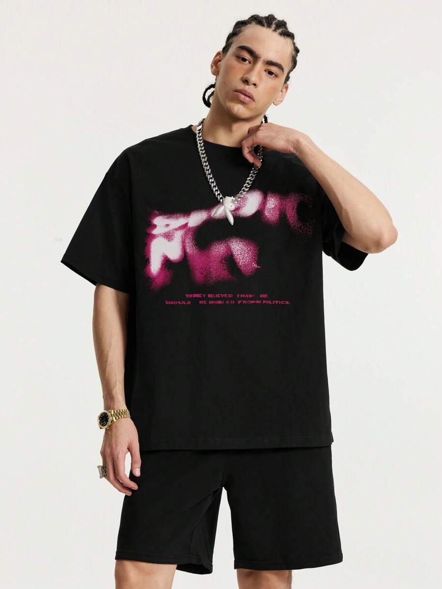 Tiny Spark Men's Letter Print Casual Short Sleeve T-Shirt For Daily Wear, Summer, Emo