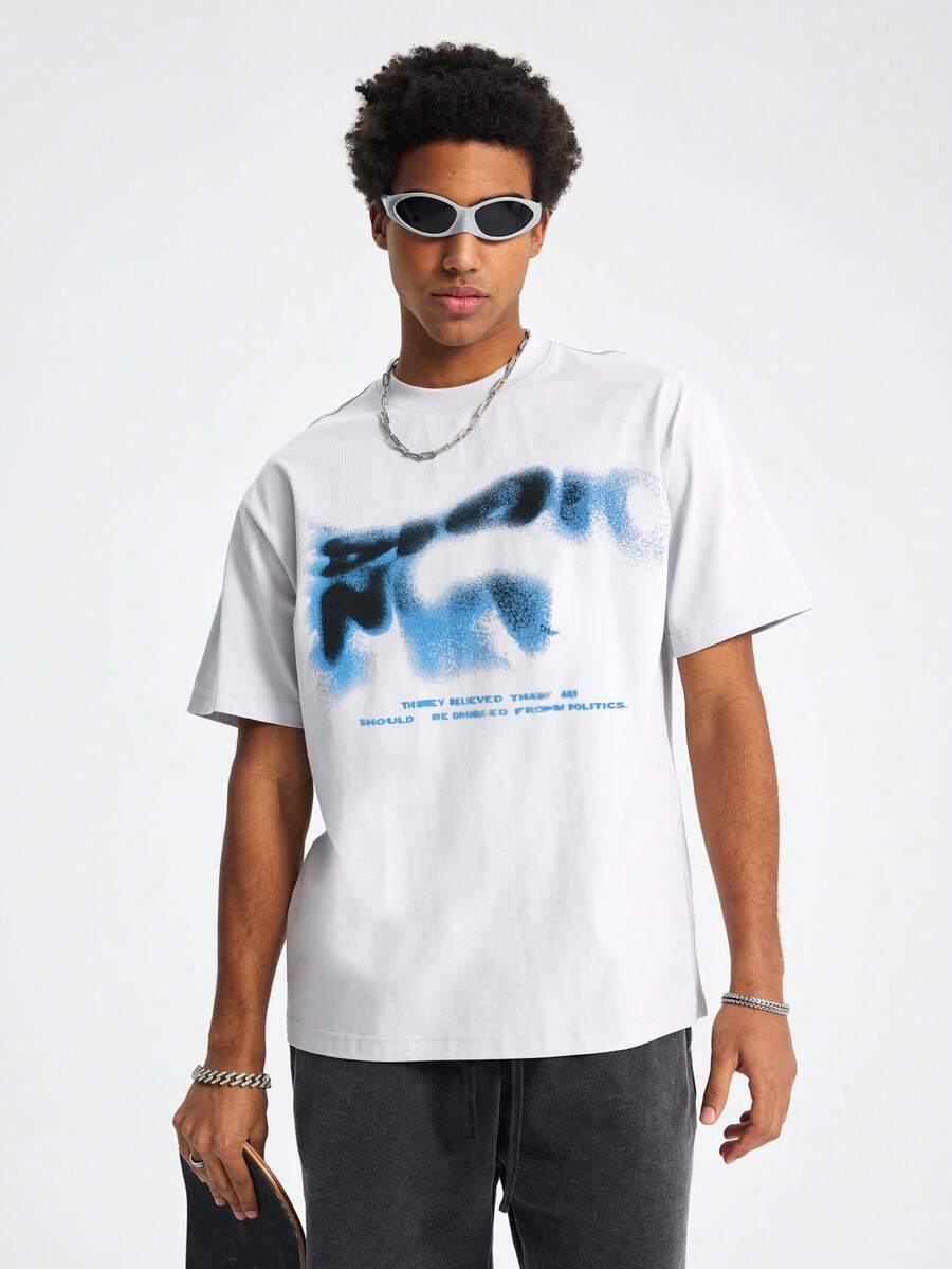 Tiny Spark Men's Letter Print Casual Short Sleeve T-Shirt For Daily Wear, Summer, Emo