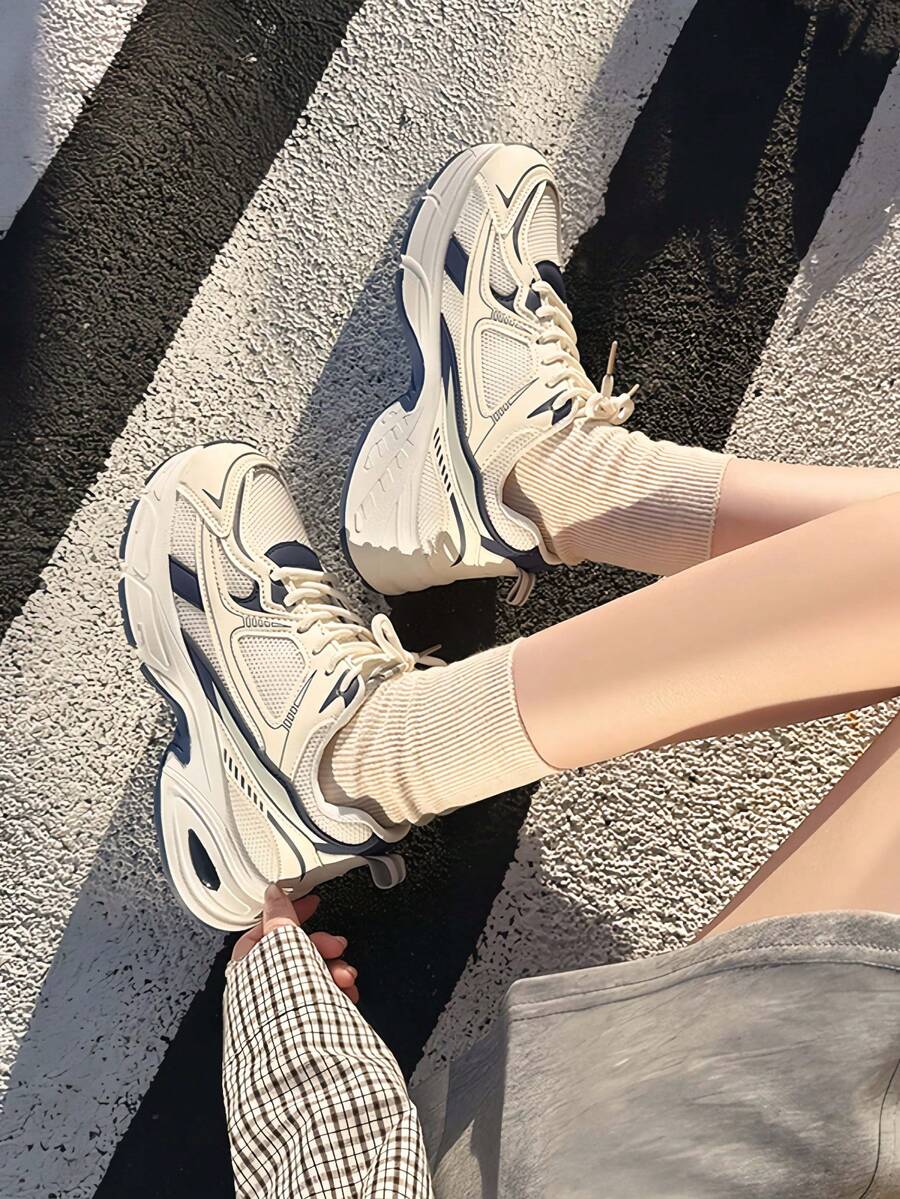 Sodalemon New Women's Casual Sports Shoes Preppy Style Chunky Sneakers Shoes White Sneakers Couple Style Round Toe Lace-Up Mesh Dual-Tone Breathable Versatile Deep Cut Fashion Print Graffiti College Style Student Shoes Outdoor Hiking Casual Shoes Commuter