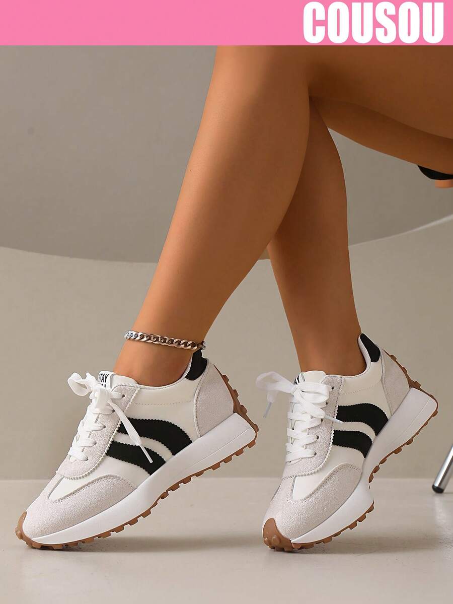 2026 New Women Thick Sole Sneakers, Lace-Up Casual Chunky Sneakers, Flat Platform, Breathable Patchwork, Spring/Summer, Height Increasing, Y2K Aesthetic