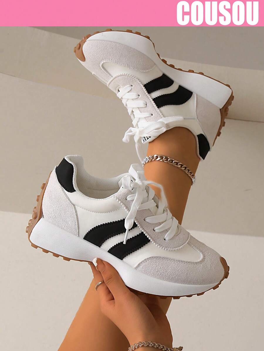 2026 New Women Thick Sole Sneakers, Lace-Up Casual Chunky Sneakers, Flat Platform, Breathable Patchwork, Spring/Summer, Height Increasing, Y2K Aesthetic