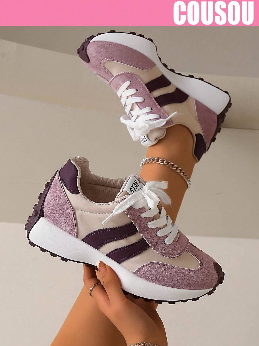 2026 New Women Thick Sole Sneakers, Lace-Up Casual Chunky Sneakers, Flat Platform, Breathable Patchwork, Spring/Summer, Height Increasing, Y2K Aesthetic