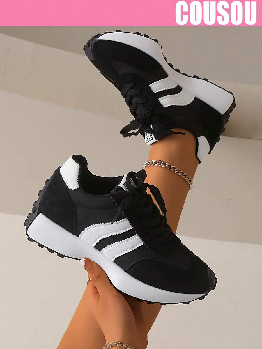 2026 New Women Thick Sole Sneakers, Lace-Up Casual Chunky Sneakers, Flat Platform, Breathable Patchwork, Spring/Summer, Height Increasing, Y2K Aesthetic