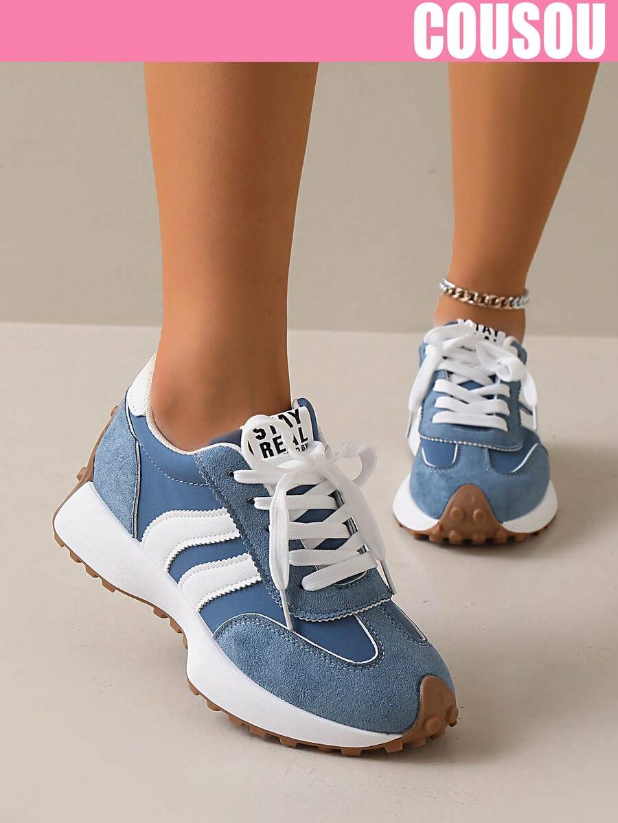 2026 New Women Thick Sole Sneakers, Lace-Up Casual Chunky Sneakers, Flat Platform, Breathable Patchwork, Spring/Summer, Height Increasing, Y2K Aesthetic