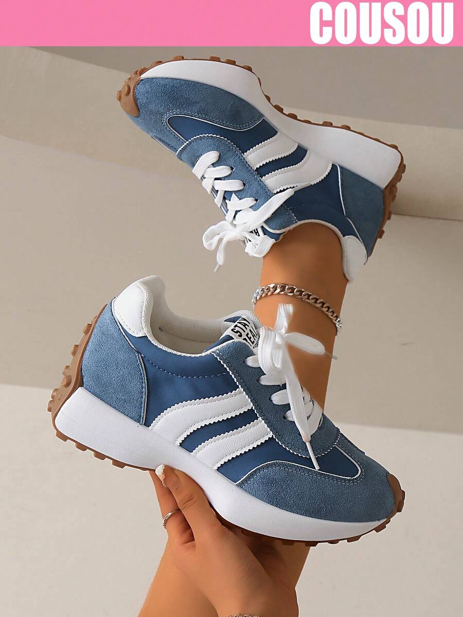 2026 New Women Thick Sole Sneakers, Lace-Up Casual Chunky Sneakers, Flat Platform, Breathable Patchwork, Spring/Summer, Height Increasing, Y2K Aesthetic