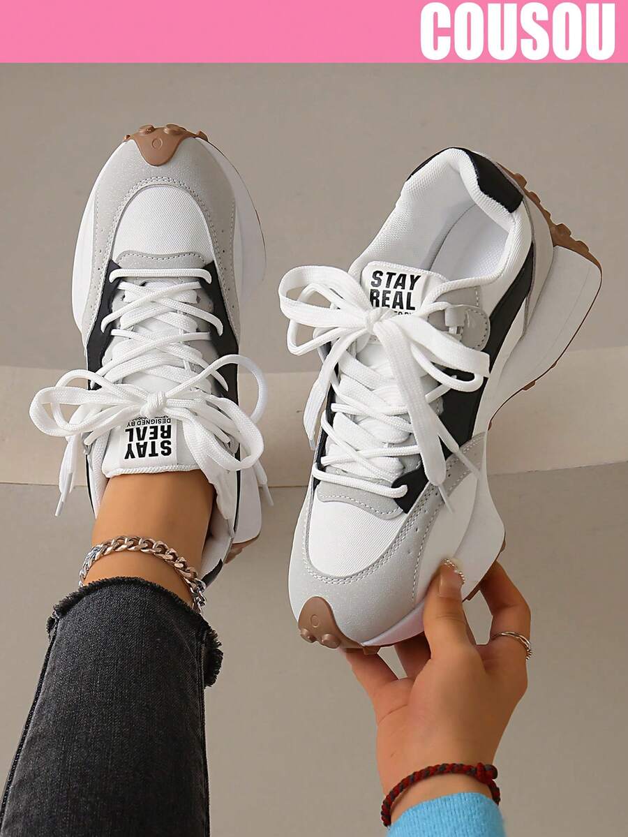 2026 New Women Thick Sole Sneakers, Lace-Up Casual Chunky Sneakers, Flat Platform, Breathable Patchwork, Spring/Summer, Height Increasing, Y2K Aesthetic