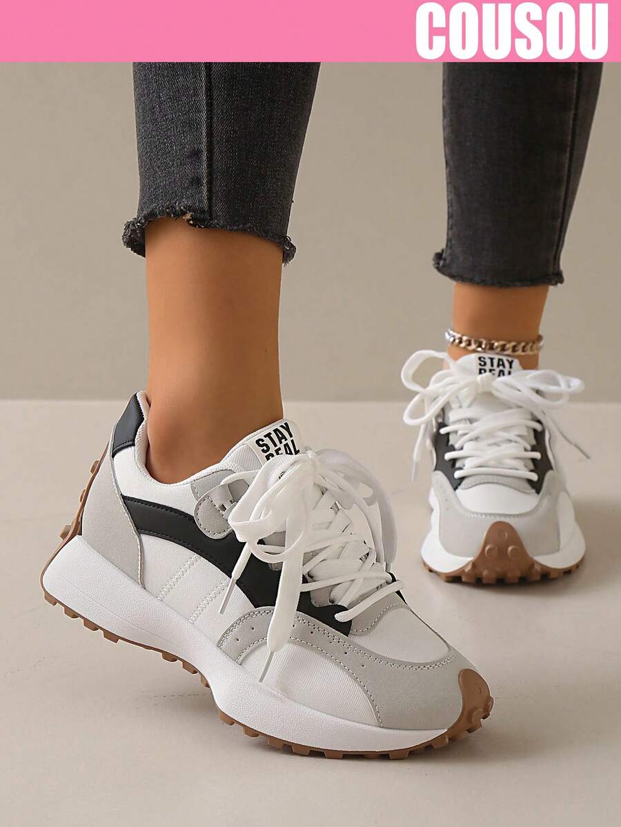 2026 New Women Thick Sole Sneakers, Lace-Up Casual Chunky Sneakers, Flat Platform, Breathable Patchwork, Spring/Summer, Height Increasing, Y2K Aesthetic
