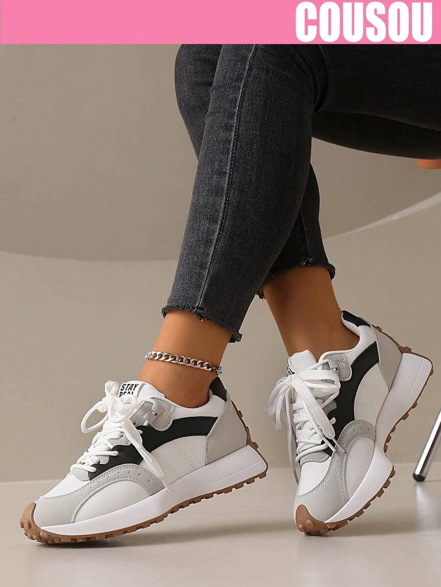 2026 New Women Thick Sole Sneakers, Lace-Up Casual Chunky Sneakers, Flat Platform, Breathable Patchwork, Spring/Summer, Height Increasing, Y2K Aesthetic