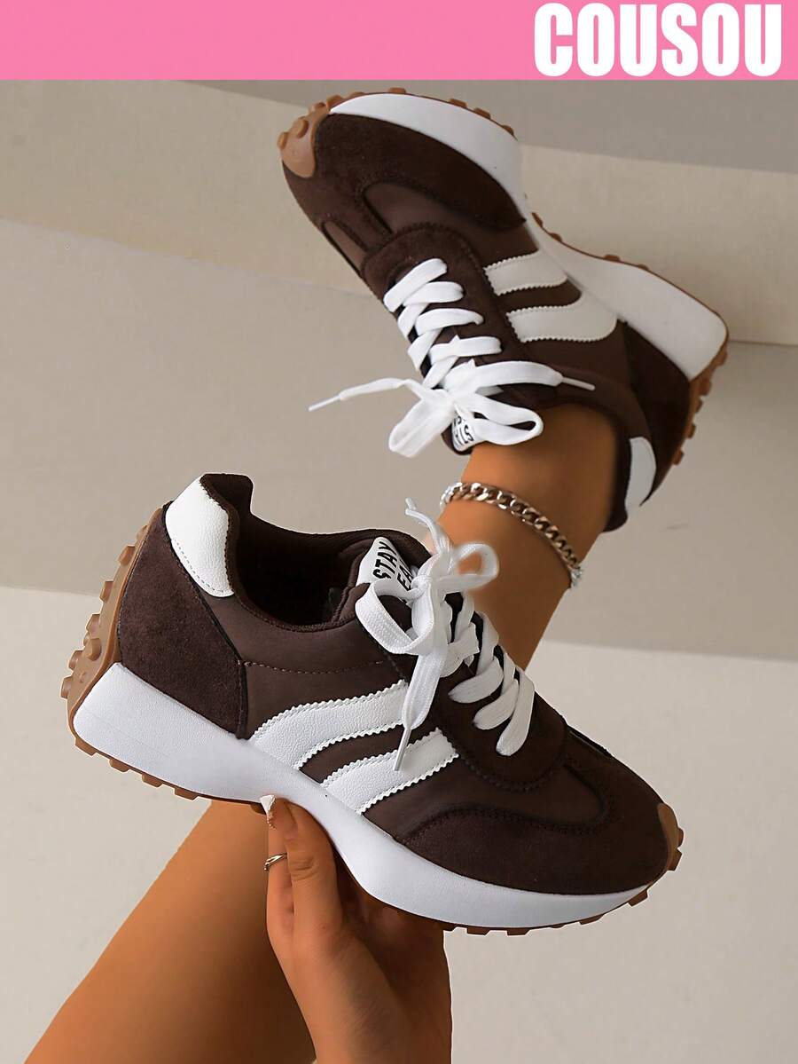 2026 New Women Thick Sole Sneakers, Lace-Up Casual Chunky Sneakers, Flat Platform, Breathable Patchwork, Spring/Summer, Height Increasing, Y2K Aesthetic