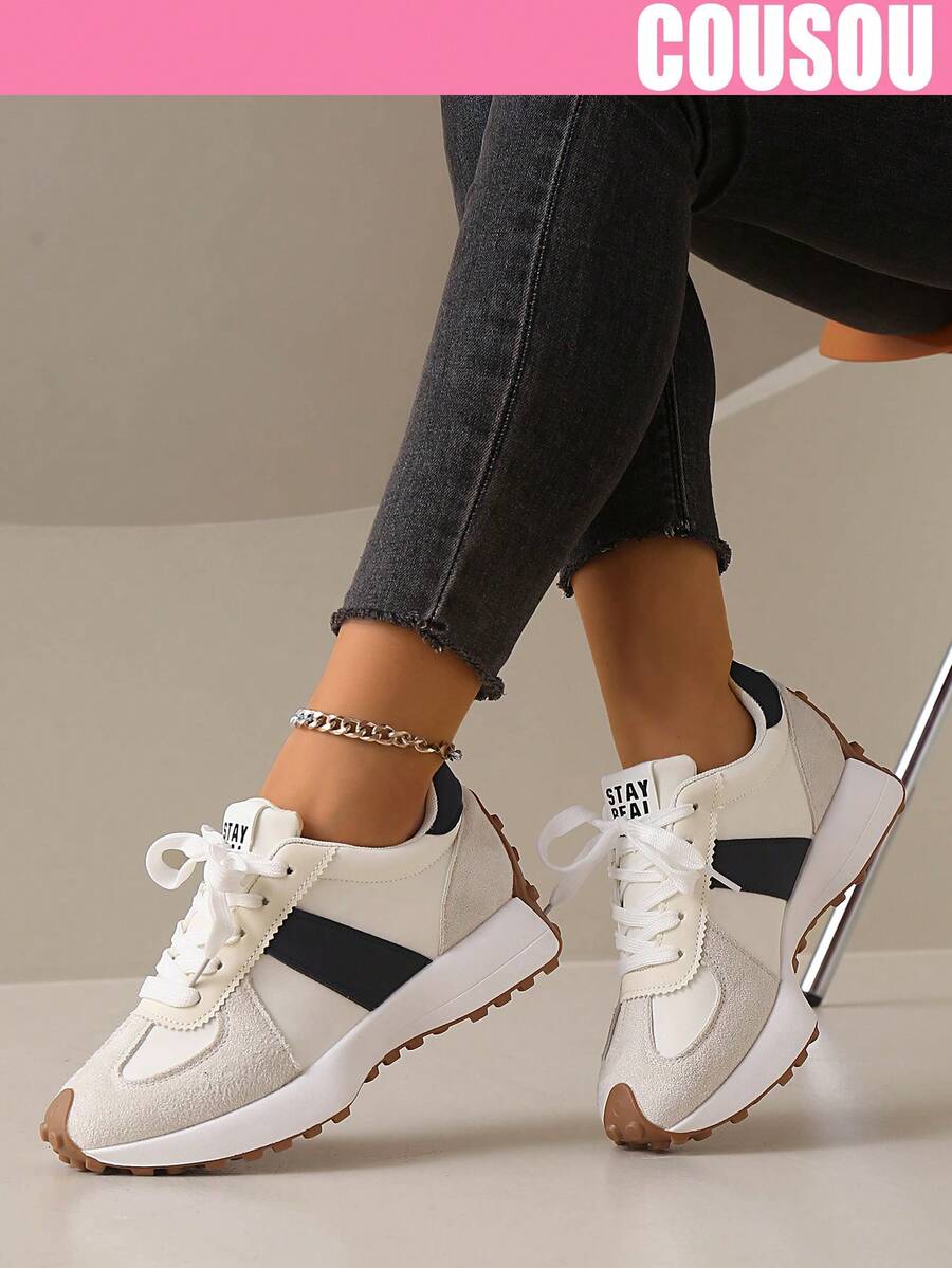 2026 New Women Thick Sole Sneakers, Lace-Up Casual Chunky Sneakers, Flat Platform, Breathable Patchwork, Spring/Summer, Height Increasing, Y2K Aesthetic