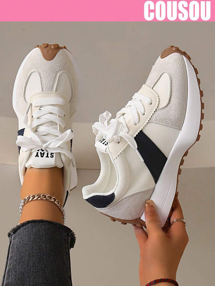 2026 New Women Thick Sole Sneakers, Lace-Up Casual Chunky Sneakers, Flat Platform, Breathable Patchwork, Spring/Summer, Height Increasing, Y2K Aesthetic