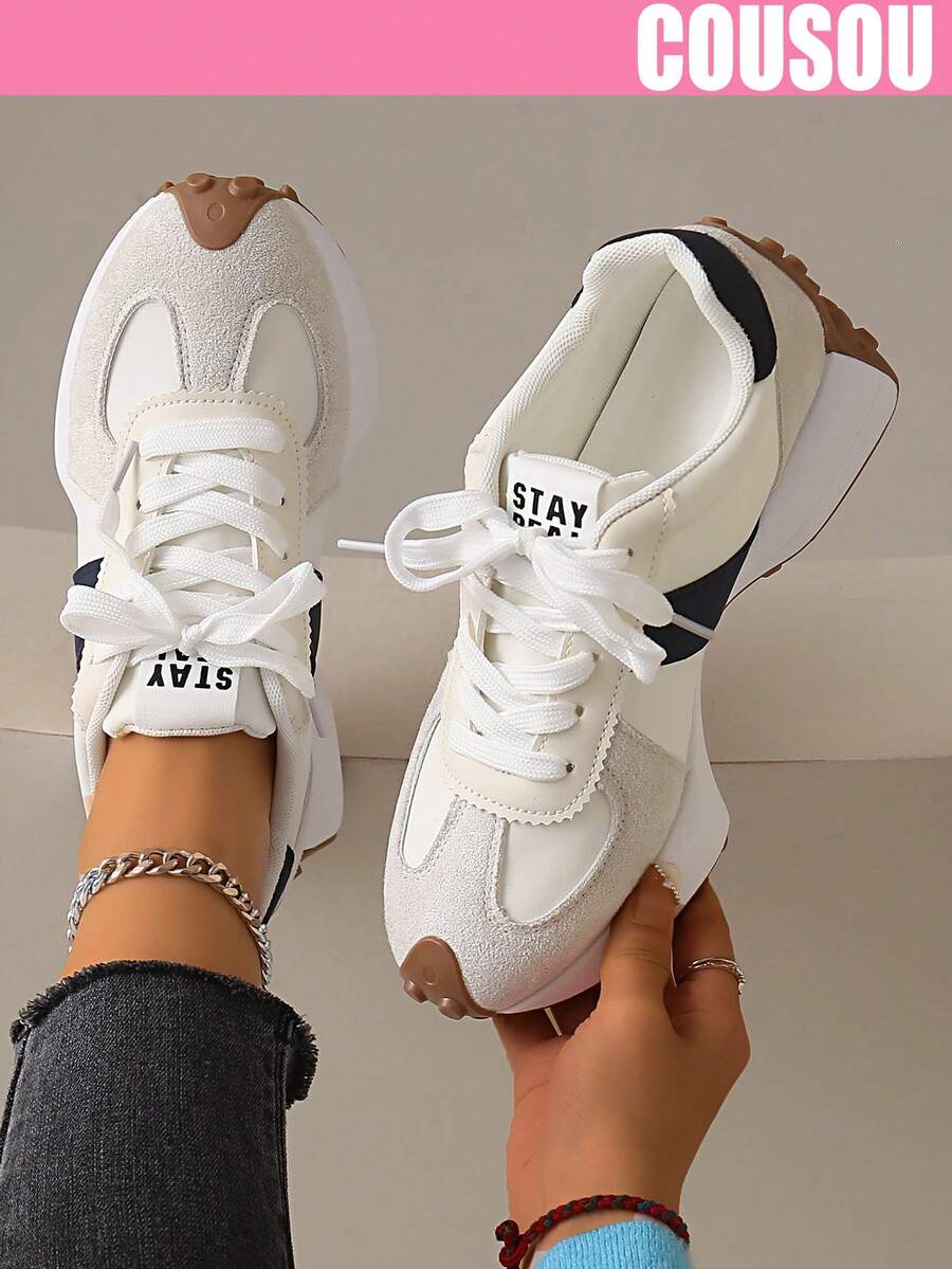 2026 New Women Thick Sole Sneakers, Lace-Up Casual Chunky Sneakers, Flat Platform, Breathable Patchwork, Spring/Summer, Height Increasing, Y2K Aesthetic