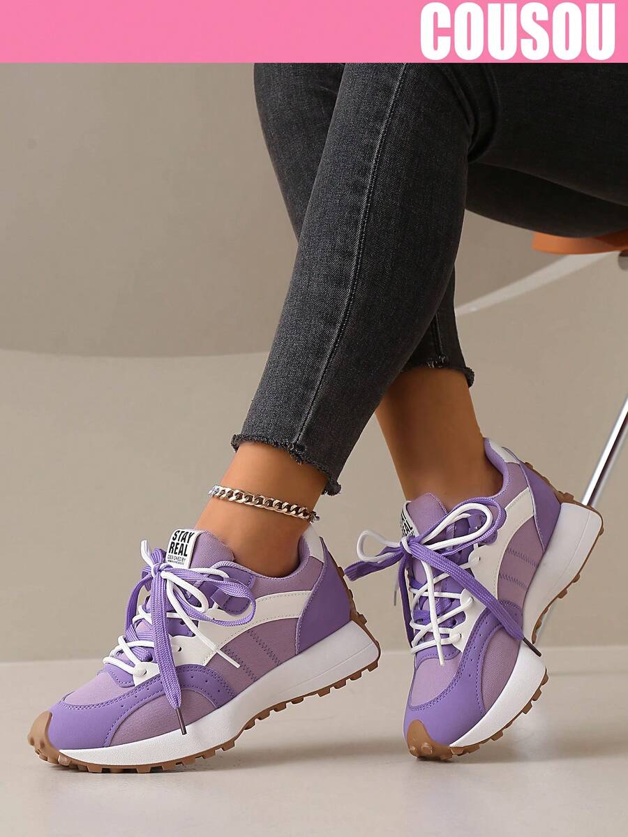 2026 New Women Thick Sole Sneakers, Lace-Up Casual Chunky Sneakers, Flat Platform, Breathable Patchwork, Spring/Summer, Height Increasing, Y2K Aesthetic