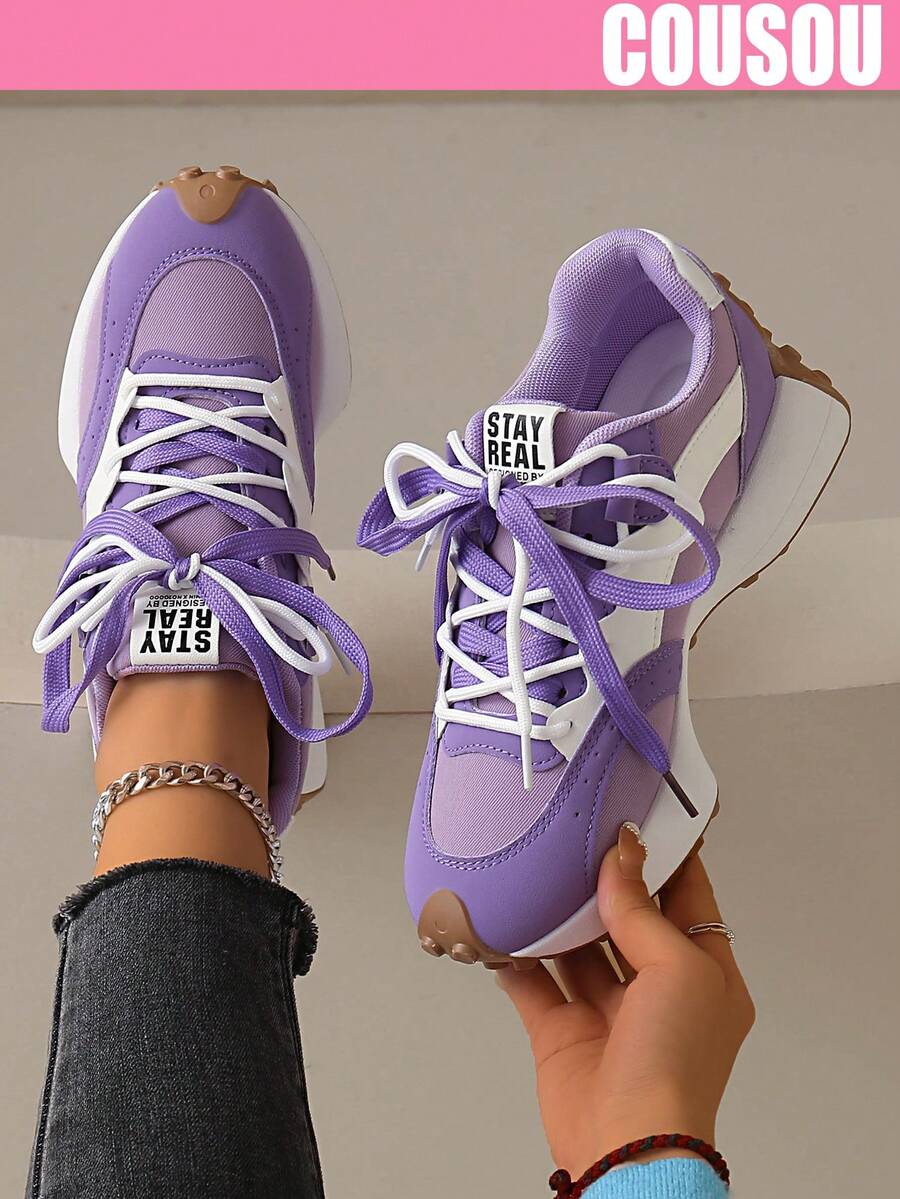 2026 New Women Thick Sole Sneakers, Lace-Up Casual Chunky Sneakers, Flat Platform, Breathable Patchwork, Spring/Summer, Height Increasing, Y2K Aesthetic