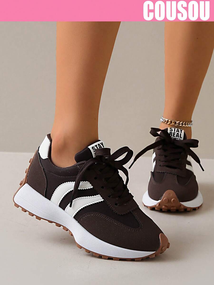 2026 New Women Thick Sole Sneakers, Lace-Up Casual Chunky Sneakers, Flat Platform, Breathable Patchwork, Spring/Summer, Height Increasing, Y2K Aesthetic