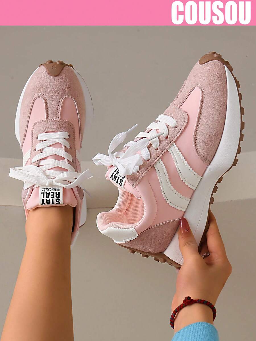 2026 New Women Thick Sole Sneakers, Lace-Up Casual Chunky Sneakers, Flat Platform, Breathable Patchwork, Spring/Summer, Height Increasing, Y2K Aesthetic