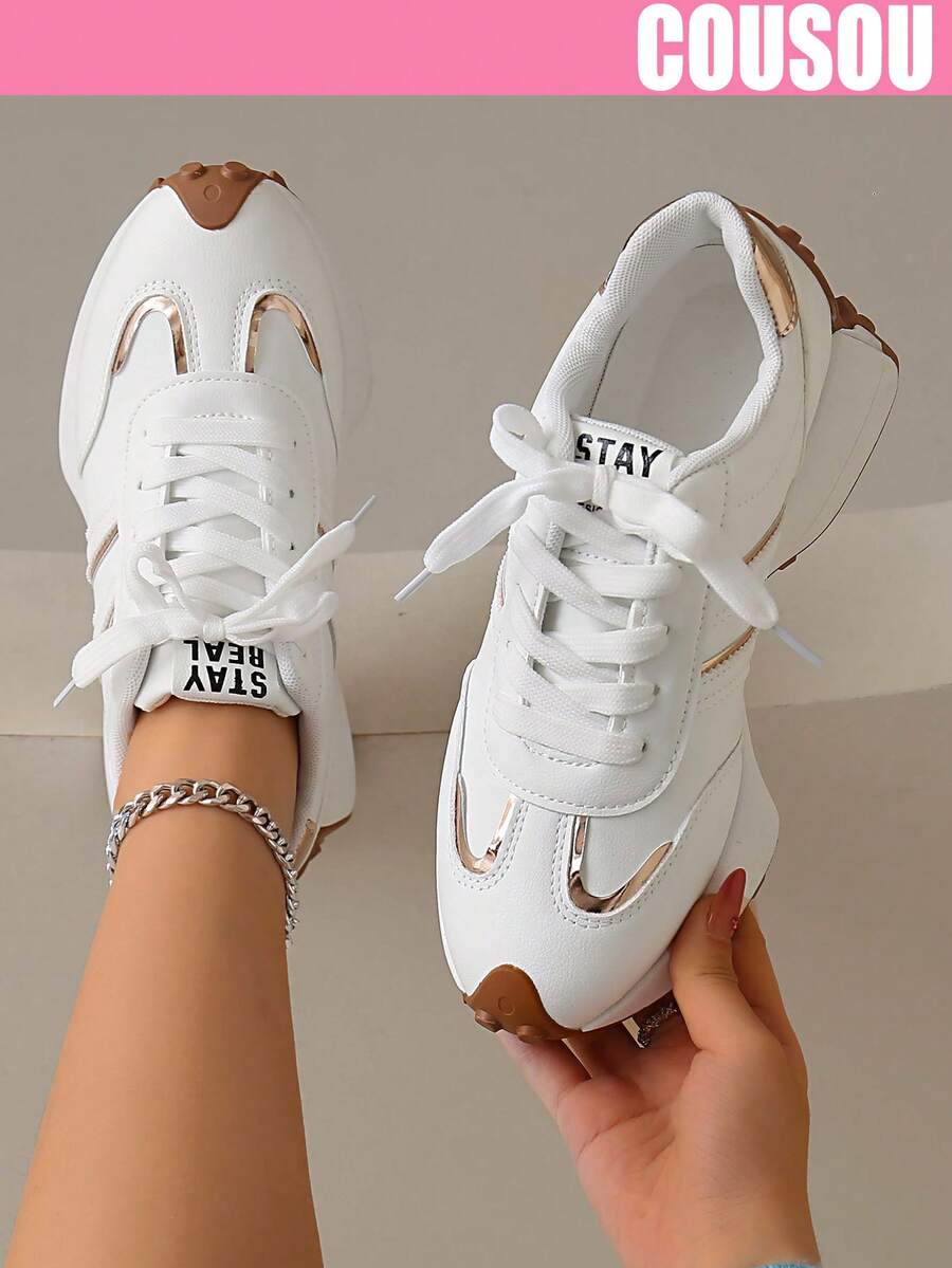2026 New Women Thick Sole Sneakers, Lace-Up Casual Chunky Sneakers, Flat Platform, Breathable Patchwork, Spring/Summer, Height Increasing, Y2K Aesthetic