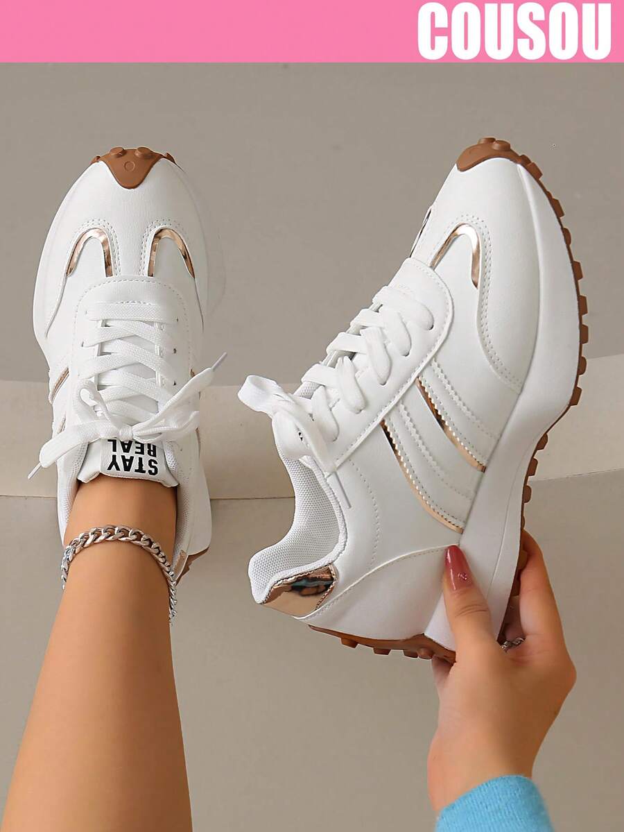 2026 New Women Thick Sole Sneakers, Lace-Up Casual Chunky Sneakers, Flat Platform, Breathable Patchwork, Spring/Summer, Height Increasing, Y2K Aesthetic