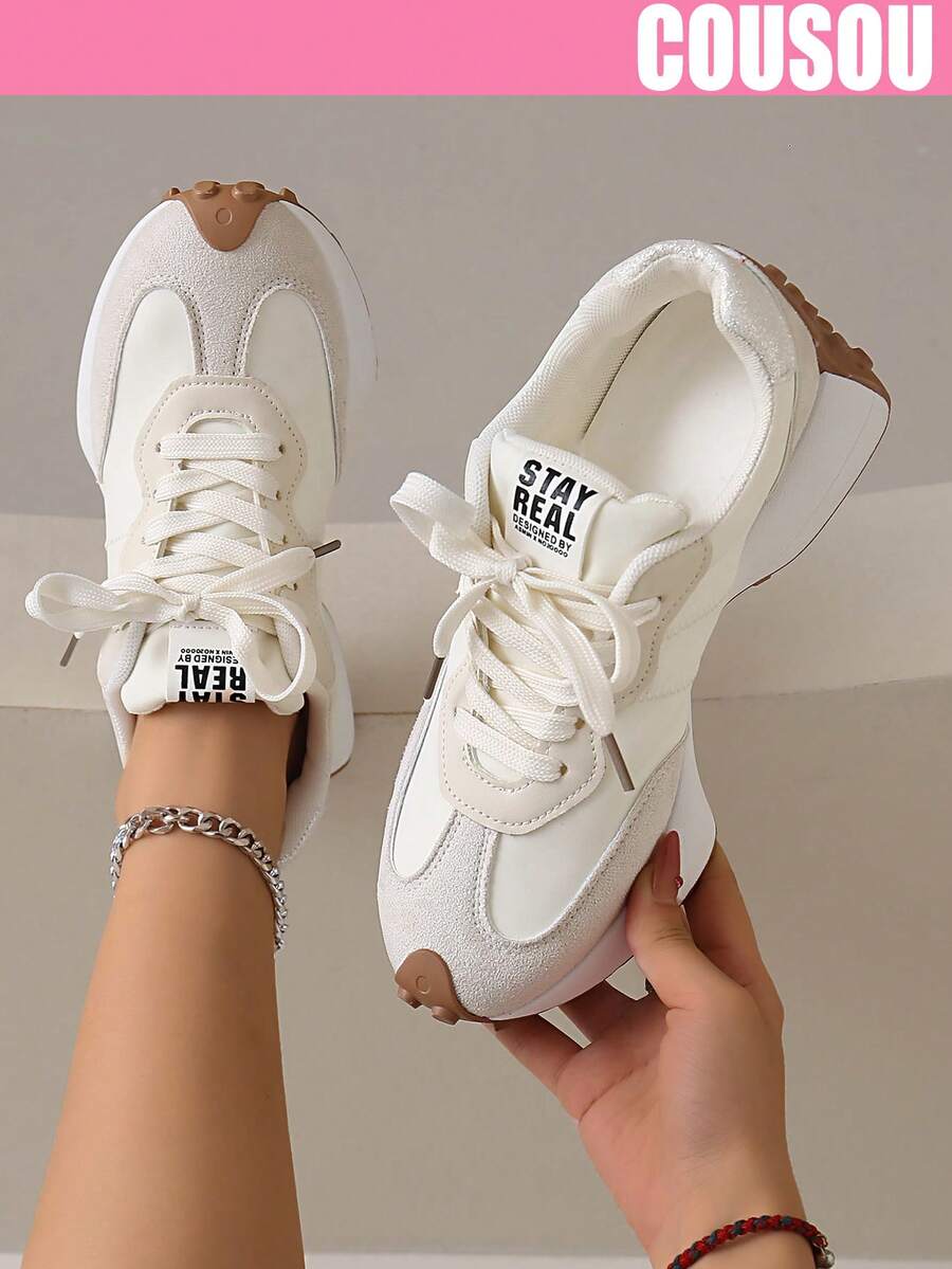 2026 New Women Thick Sole Sneakers, Lace-Up Casual Chunky Sneakers, Flat Platform, Breathable Patchwork, Spring/Summer, Height Increasing, Y2K Aesthetic