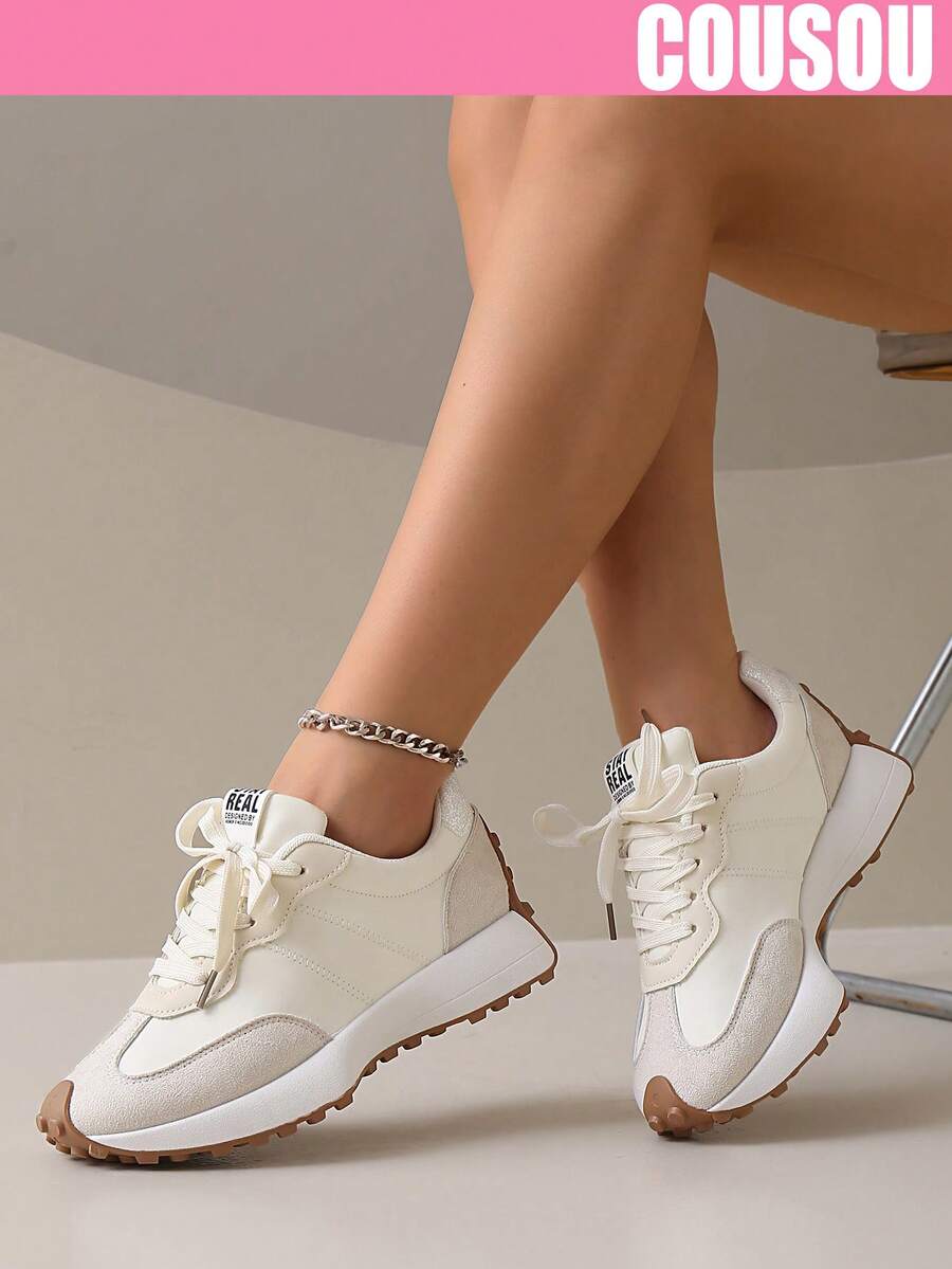 2026 New Women Thick Sole Sneakers, Lace-Up Casual Chunky Sneakers, Flat Platform, Breathable Patchwork, Spring/Summer, Height Increasing, Y2K Aesthetic