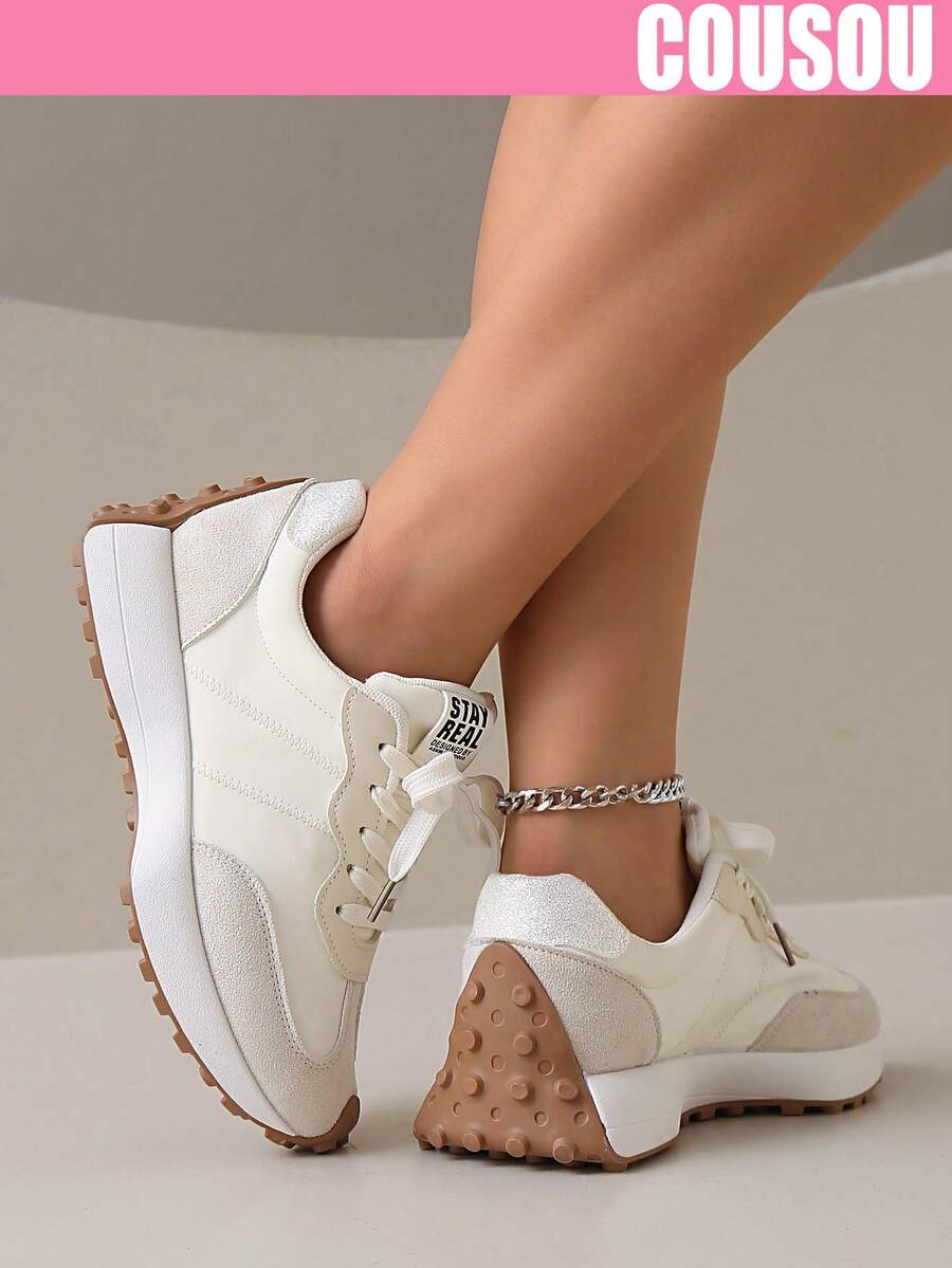 2026 New Women Thick Sole Sneakers, Lace-Up Casual Chunky Sneakers, Flat Platform, Breathable Patchwork, Spring/Summer, Height Increasing, Y2K Aesthetic