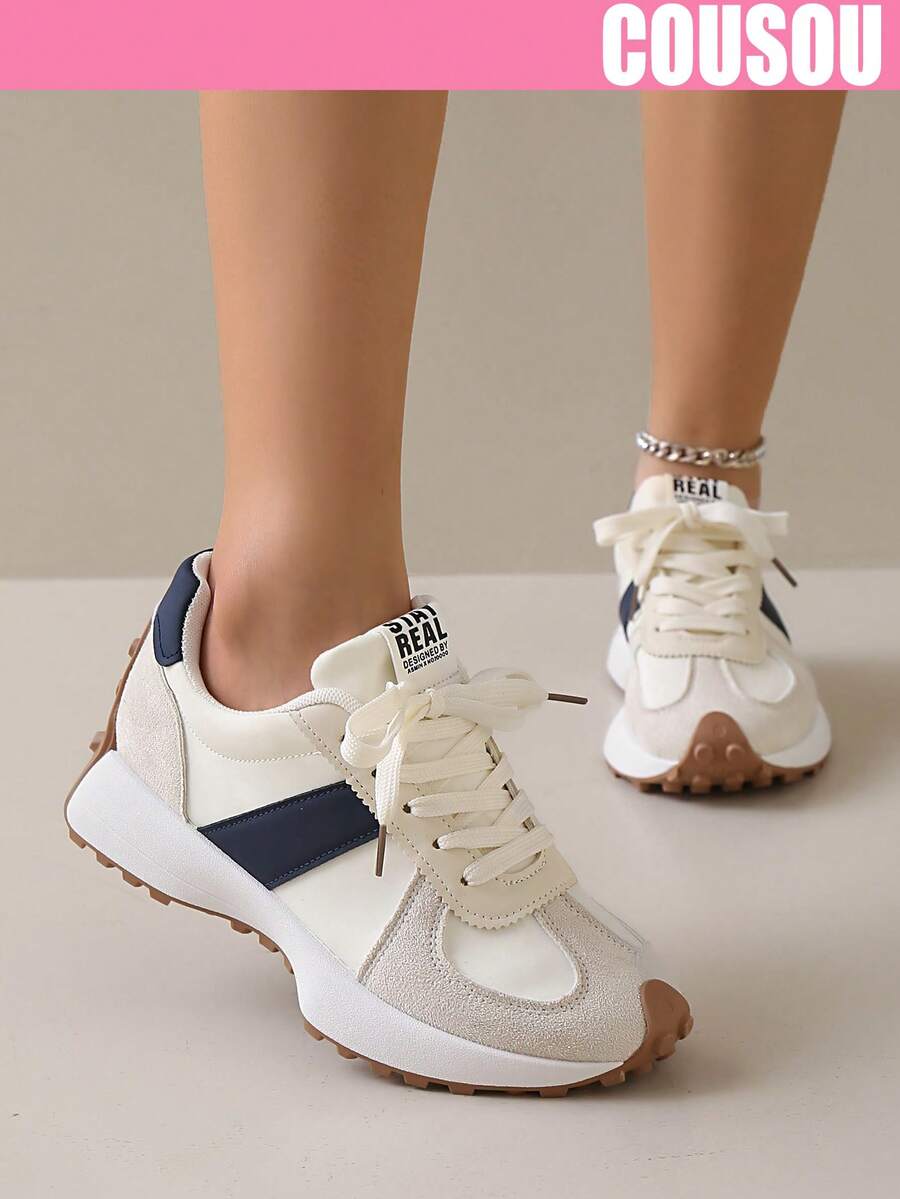 2026 New Women Thick Sole Sneakers, Lace-Up Casual Chunky Sneakers, Flat Platform, Breathable Patchwork, Spring/Summer, Height Increasing, Y2K Aesthetic