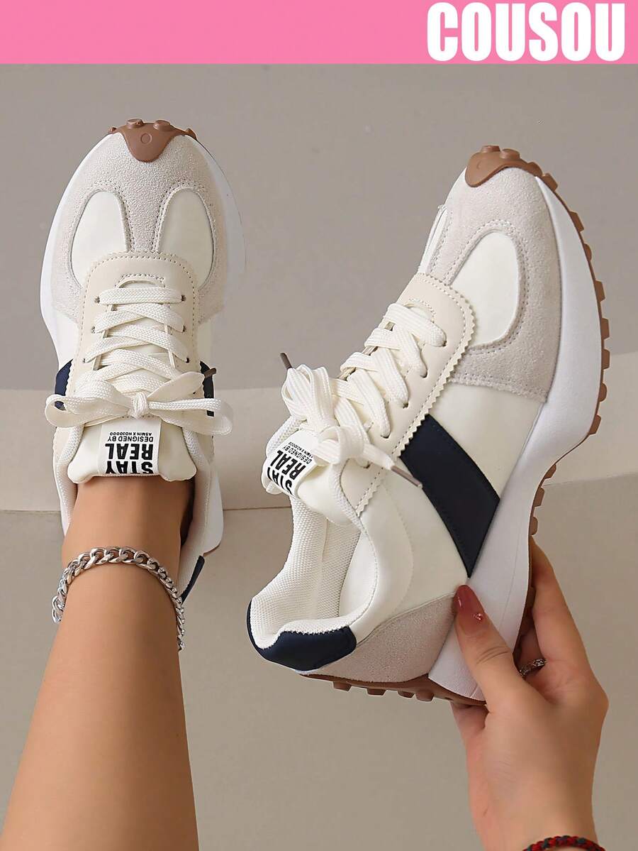 2026 New Women Thick Sole Sneakers, Lace-Up Casual Chunky Sneakers, Flat Platform, Breathable Patchwork, Spring/Summer, Height Increasing, Y2K Aesthetic