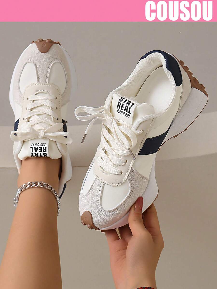 2026 New Women Thick Sole Sneakers, Lace-Up Casual Chunky Sneakers, Flat Platform, Breathable Patchwork, Spring/Summer, Height Increasing, Y2K Aesthetic