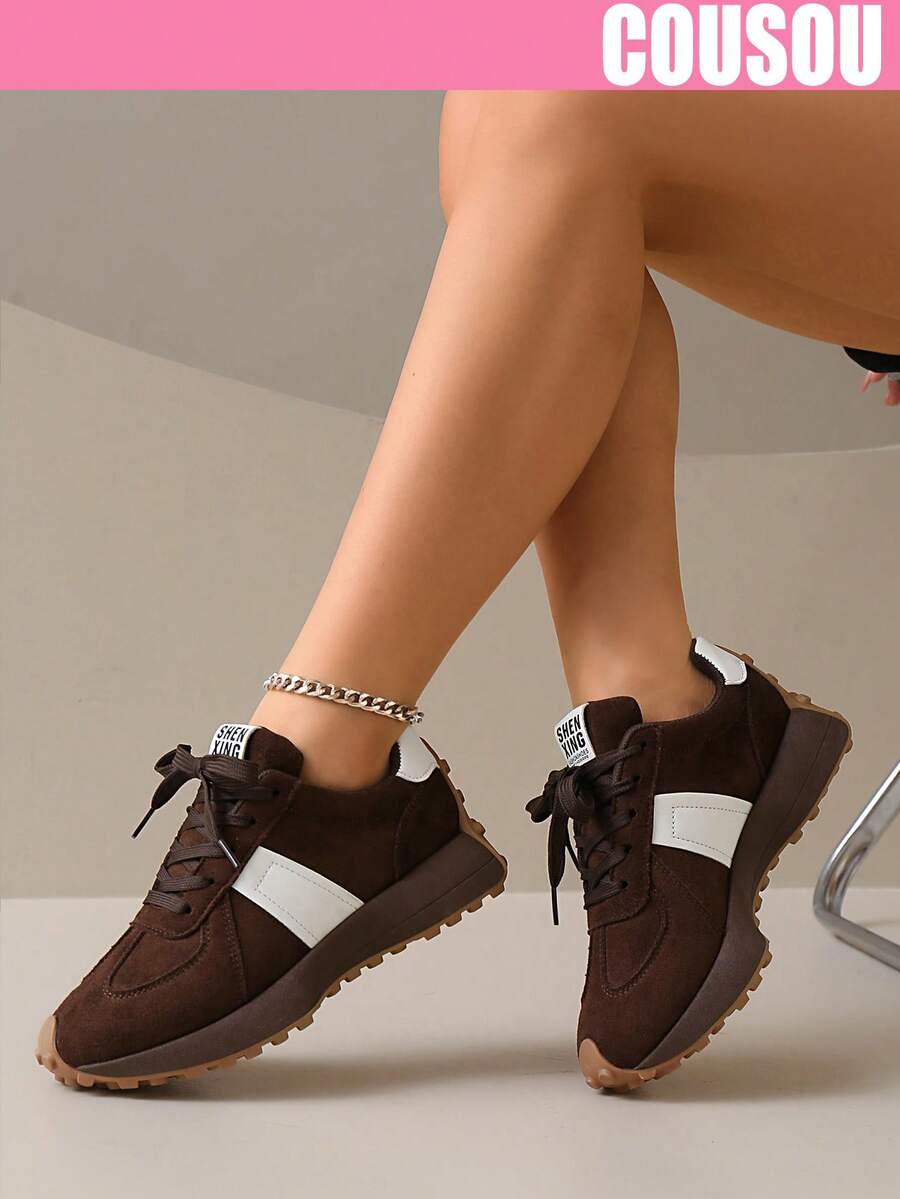2026 New Women Thick Sole Sneakers, Lace-Up Casual Chunky Sneakers, Flat Platform, Breathable Patchwork, Spring/Summer, Height Increasing, Y2K Aesthetic