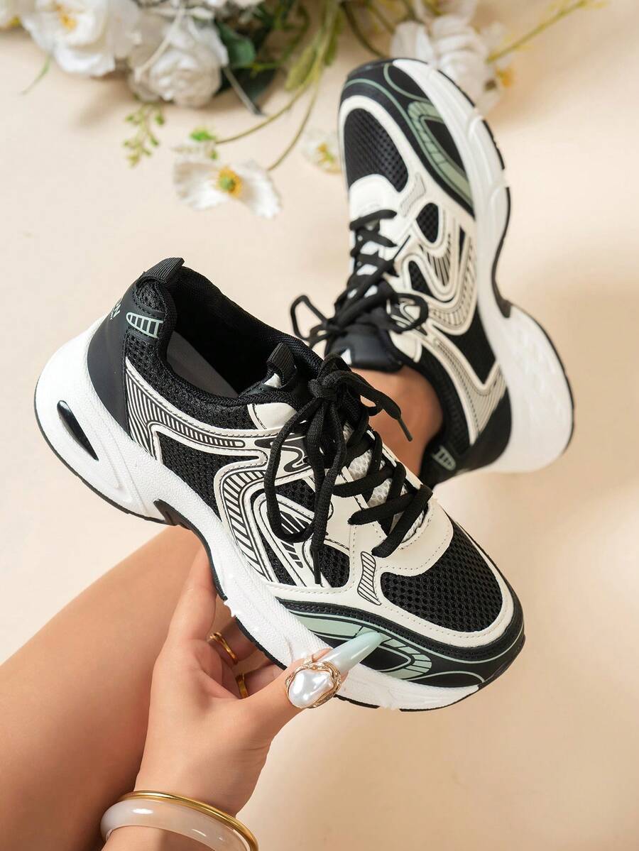 Sodalemon New Women's Casual Sports Shoes Preppy Style Chunky Sneakers Shoes White Sneakers Couple Style Round Toe Lace-Up Mesh Dual-Tone Breathable Versatile Deep Cut Fashion Print Graffiti College Style Student Shoes Outdoor Hiking Casual Shoes Commuter