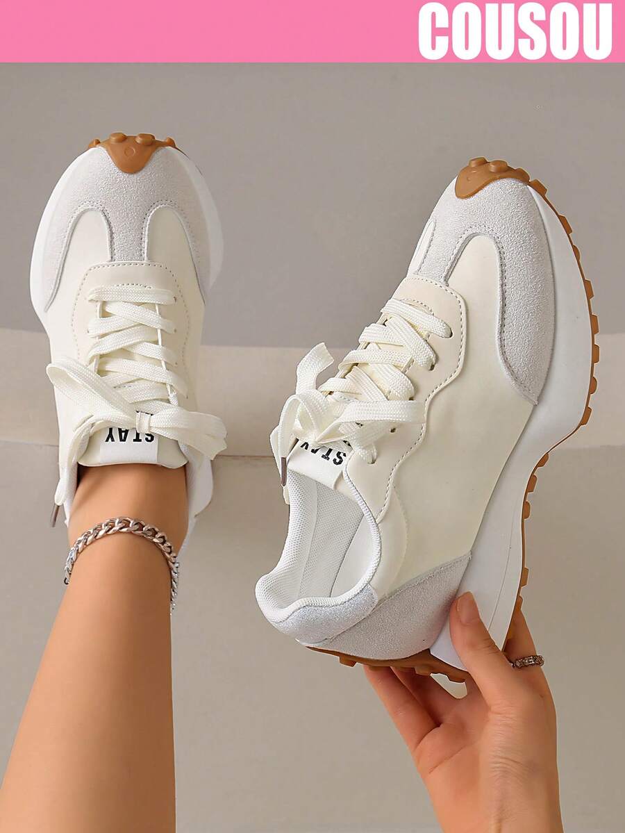 2026 New Women Thick Sole Sneakers, Lace-Up Casual Chunky Sneakers, Flat Platform, Breathable Patchwork, Spring/Summer, Height Increasing, Y2K Aesthetic